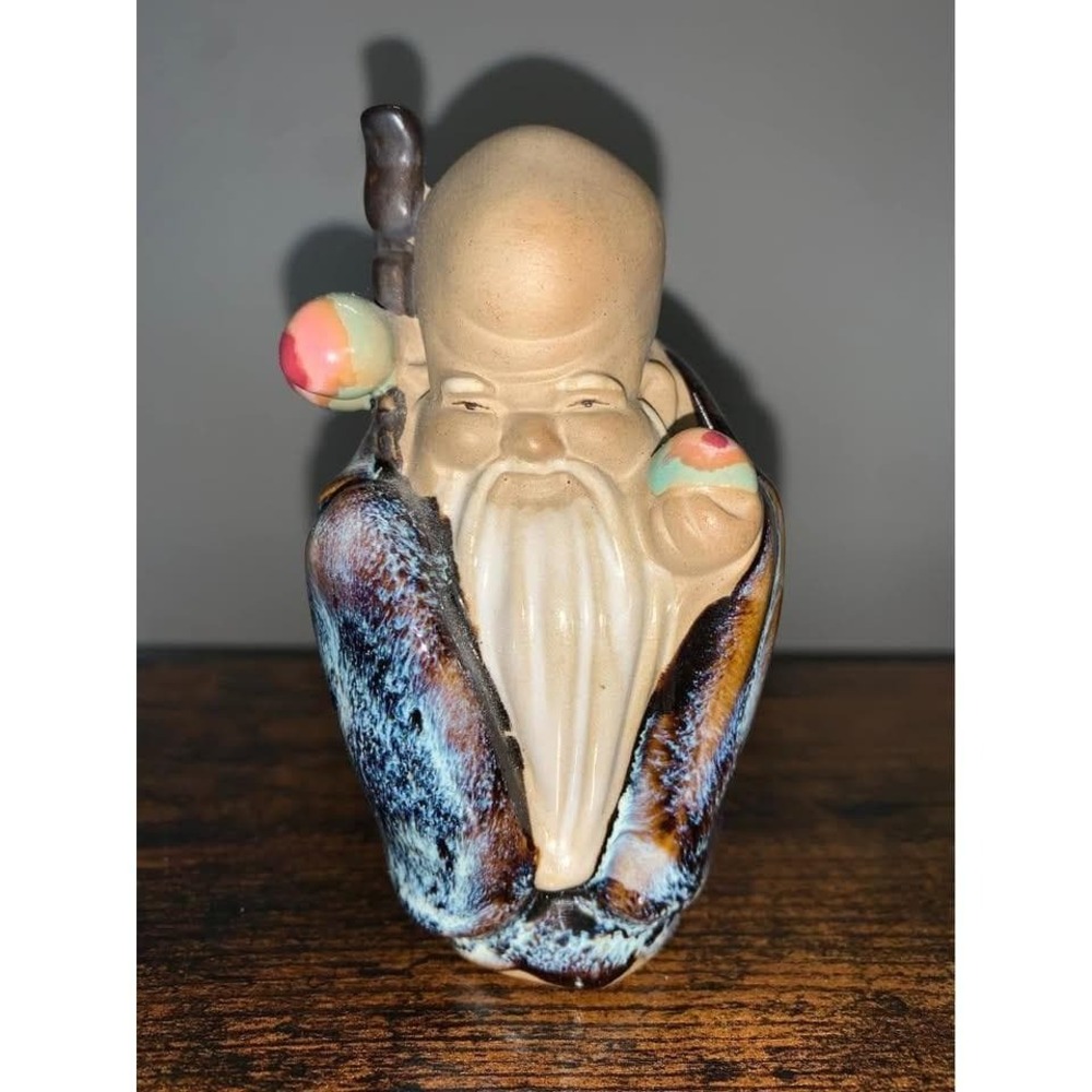 Vintage Numbered Chinese Mudman God Of Longevity Blue Drip Glaze Clay Figurine